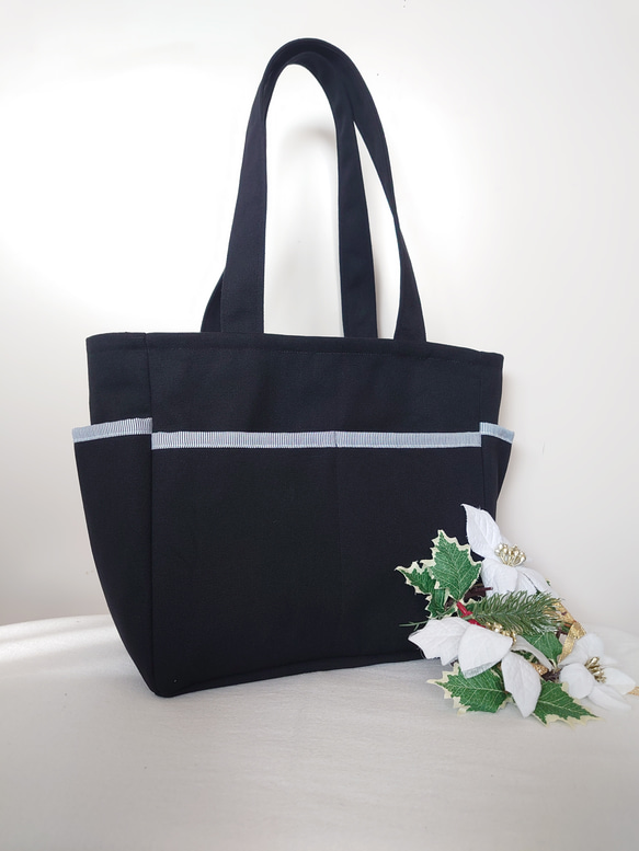 ꕤ受注製作ꕤ 黒帆布×ヒッコリーボーダー サイドポケット 肩掛け