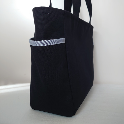 ꕤ受注製作ꕤ 黒帆布×ヒッコリーボーダー サイドポケット 肩掛け