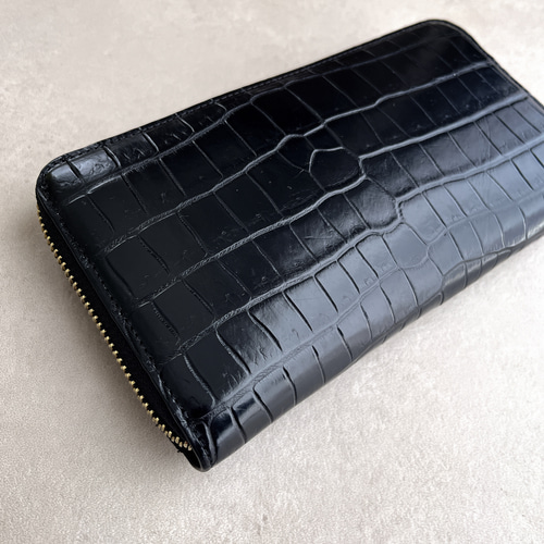 高級 クロコダイル 長財布 一枚革 本革 国内生産 現物写真 ブラック 黒  