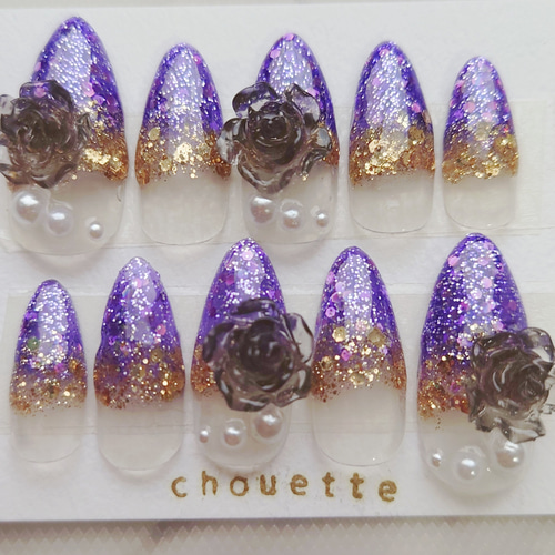 【sample】オーダーネイルチップ 推し活 付け爪 つけ爪 紫 薔薇 バラ ネイルチップ つけ爪 紫 パープル ゴールド ラメ グラデ 黒 バラ 薔薇