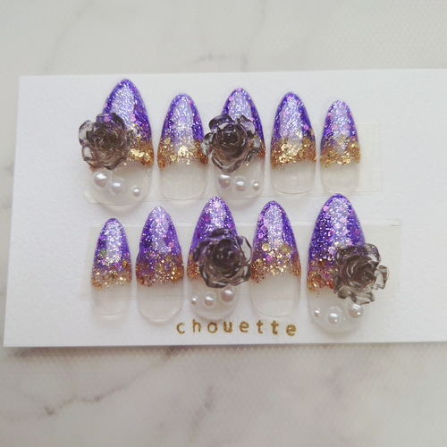 ネイルチップ つけ爪 紫 パープル ゴールド ラメ グラデ 黒 バラ 薔薇