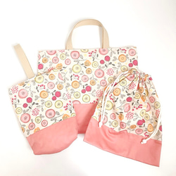 入園入学準備グッズ♡3点セット♡ダルメシアン✖️くすみピンク♡ ダルメシアン柄☆レッスンバッグ 3点セット・ボーダー＆ドット 入園