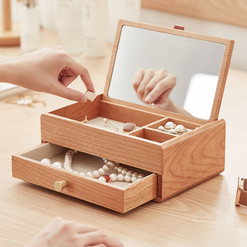 木製 レトロ ジュエリーボックス アクセサリー収納ケース 鏡付 木製 内側に化粧鏡付きアクセサリーボックス 大容量スペース