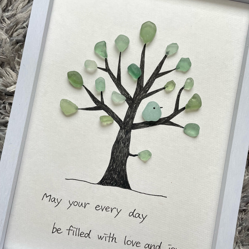 シーグラス ツリー 木に止まる鳥 シーグラスアート インテリア雑貨