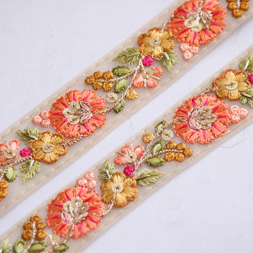 インド刺繍リボン No.14【オレンジ】 インド刺繍/刺繍リボン/刺繍