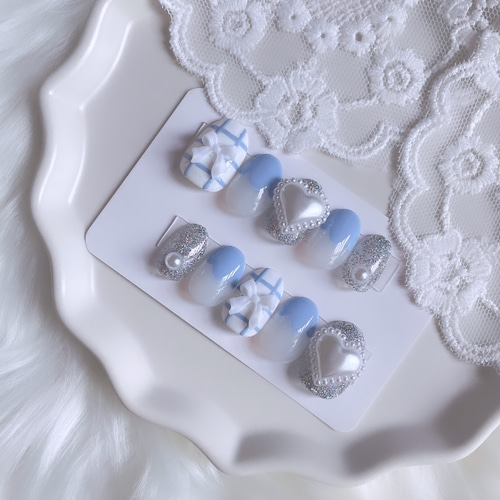 現品】07 ネイルチップ ブルー シルバー ホワイト パール ハート  