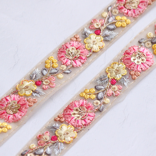 インド刺繍リボン No.14【ピンク】 インド刺繍/刺繍リボン/刺繍