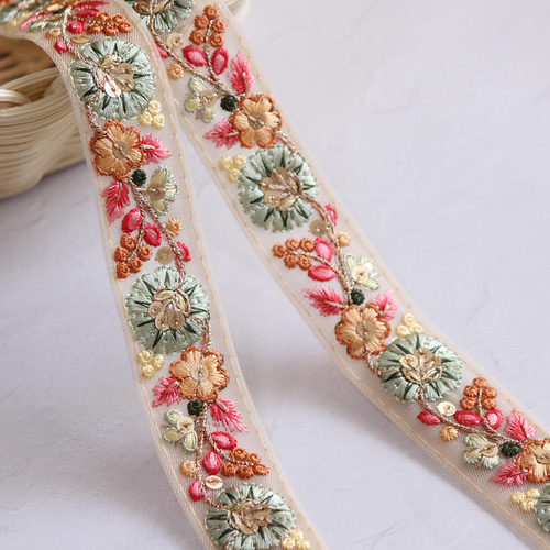 Yuu☆インド刺繍リボン インド刺繍リボン No.14【グリーン】 インド刺繍/刺繍リボン