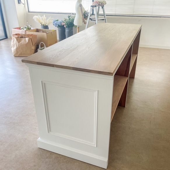 お花屋さん フラワーショップ カウンターテーブル 作業テーブル レジ台 W2000ホワイトオーク アンティークカウンター 