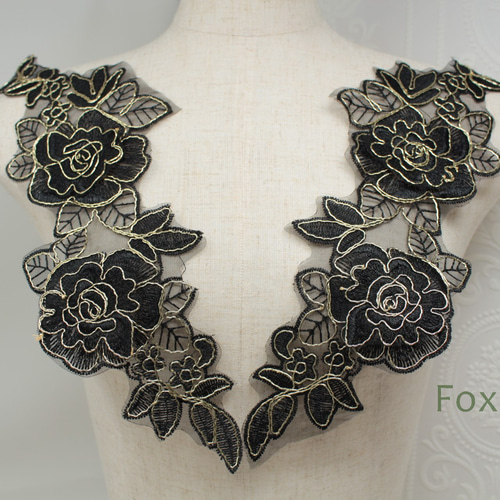 訳ありセール品】オーガンジーコード刺繍モチーフ 1対 花 黒色