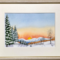 透明水彩画　原画　「雪景色・穏やかな朝」額縁付　SMサイズ　風景画 02208136f2a2c9f9eadd7e24256105