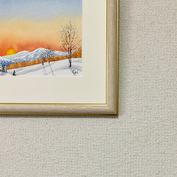 「冬の朝」透明水彩画　原画　風景画　額縁付　SMサイズ 5枚目の画像