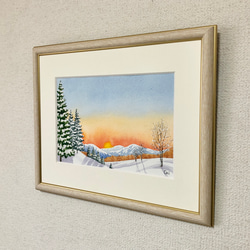 「冬の朝」透明水彩画　原画　風景画　額縁付　SMサイズ 4枚目の画像