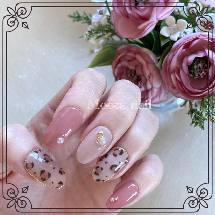 327】レオパード×ピンク エレガントパール ネイルチップ ネイルチップ  