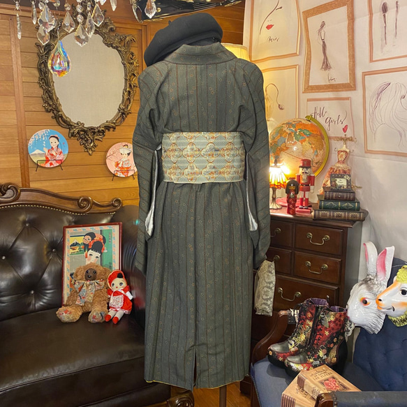 和洋折衷 古着 洗える 化繊 着物 和 ハンドメイド リメイク ワンピース ドレス 名古屋八寸帯ベルト  KW-148 5枚目の画像
