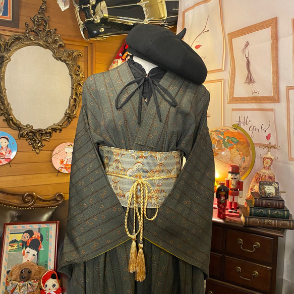 和洋折衷 古着 洗える 化繊 着物 和 ハンドメイド リメイク ワンピース ドレス 名古屋八寸帯ベルト  KW-148 2枚目の画像