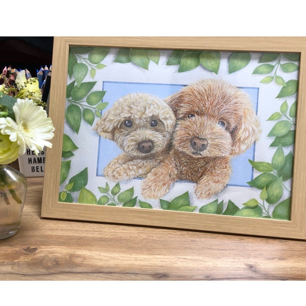 【似顔絵イラストオーダー】A4サイズ　うちの子　ペット肖像画　手描き　額装付き