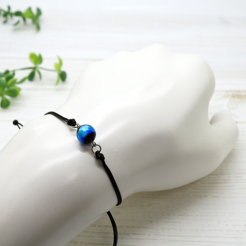 【美品】モロッカンタイル ボリューム ブレスレット Sea drop ホタルガラス 10mm ブレスレット 蓄光 丸紐ワックスコード