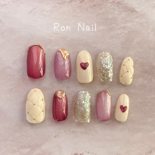 ネイルチップ マグネット レッド ピンク ハート キルティング 韓国  