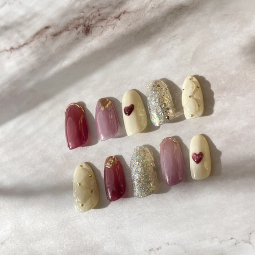 ネイルチップ マグネット レッド ピンク ハート キルティング 韓国  