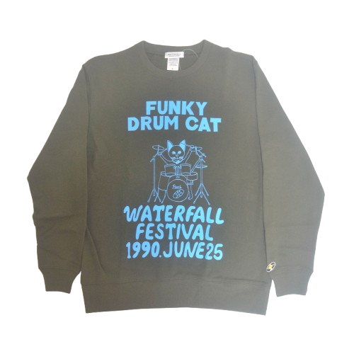 「猫ドラム」レコードワッペン猫ツアースウェット  カーキ　XLサイズ　WATERFALL