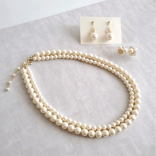 2連パールネックレス / ピアスorイヤリング2点set［結婚式 入学式