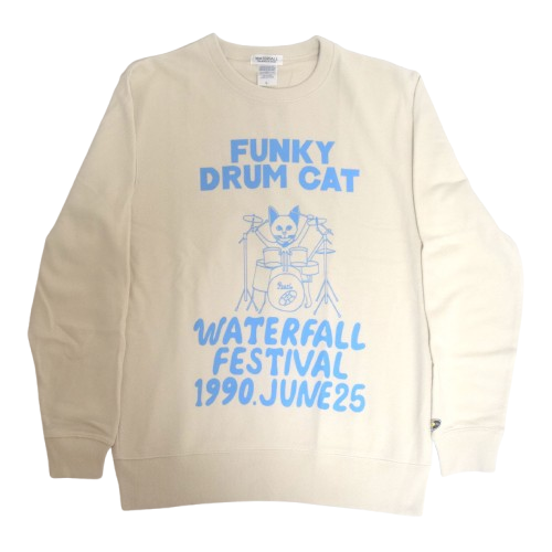 「猫ドラム」レコードワッペン猫ツアースウェット  ベージュ　Lサイズ　WATERFALL