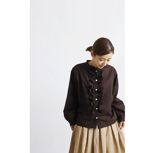最終ＳＡＬＥ　ギマ擬麻コットン　バンドカラー　花びらフリル　シャツ　ブラウス　羽織り　長袖　ゆったり　ブラウン　K88C 最終SALE ギマ擬麻コットン バンドカラー 花びらフリル