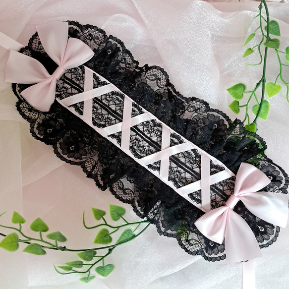 ダブルレースの編み上げ風ヘッドドレス♡ピンク×ブラック 6枚目の画像