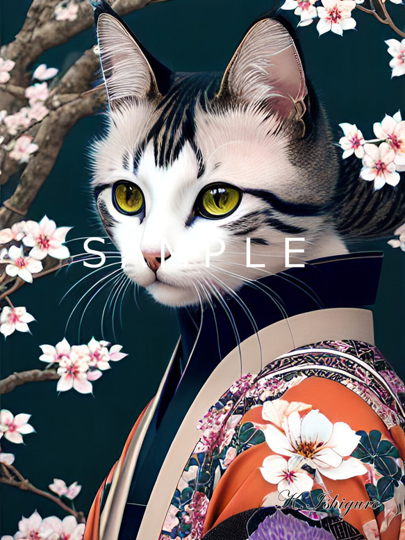 着物を着た猫と花(オリジナルイラスト)A4額付き　№s-3892 1枚目の画像