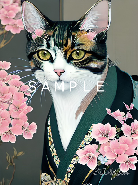 着物を着た猫と花(オリジナルイラスト)A4額付き　№s-3893 1枚目の画像
