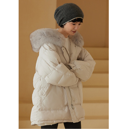 フード付きダウンジャケット 高級感ありキツネの毛ボア 厚手ダウン  