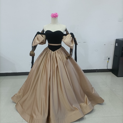 人気上昇！パーティードレス カーキ色 ベアトップ 取り外し袖 編み上げ  