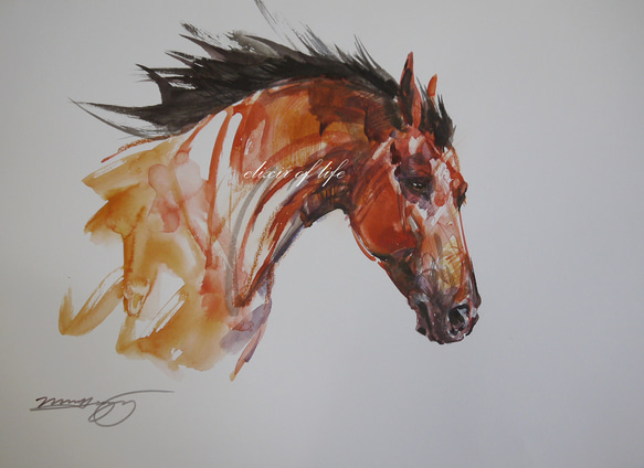 春へ駈ける馬（水彩画用紙３５ｃｍ×２４ｃｍ、墨、水彩） 1枚目の画像