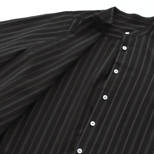 細條紋 2way 立領襯衫洋裝棉麻（黑色）OP42。 第18張的照片