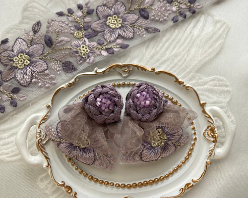 チュールフリンジ＆インド刺繍リボンピアス／イヤリング (ライト 