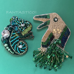 お得な2個セット❤️カメレオンとゴールド*グリーンの鳥さんビーズ