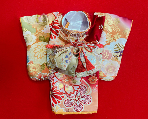 犬の着物✨犬用本格振袖着物 M 金彩入り正絹 ダークレッド×オレンジ