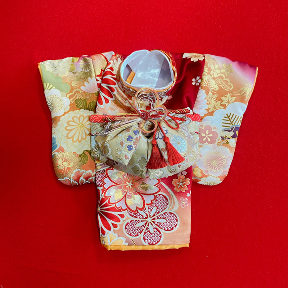 犬の着物✨犬用本格振袖着物 M 金彩入り正絹 ダークレッド×オレンジ
