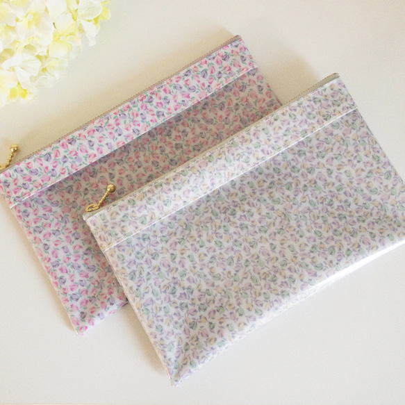 オーダー品　リバティ×半クリア ラミネートポーチ ☆受注制作☆ L字クリアティッシュポーチ リバティ ラミネート