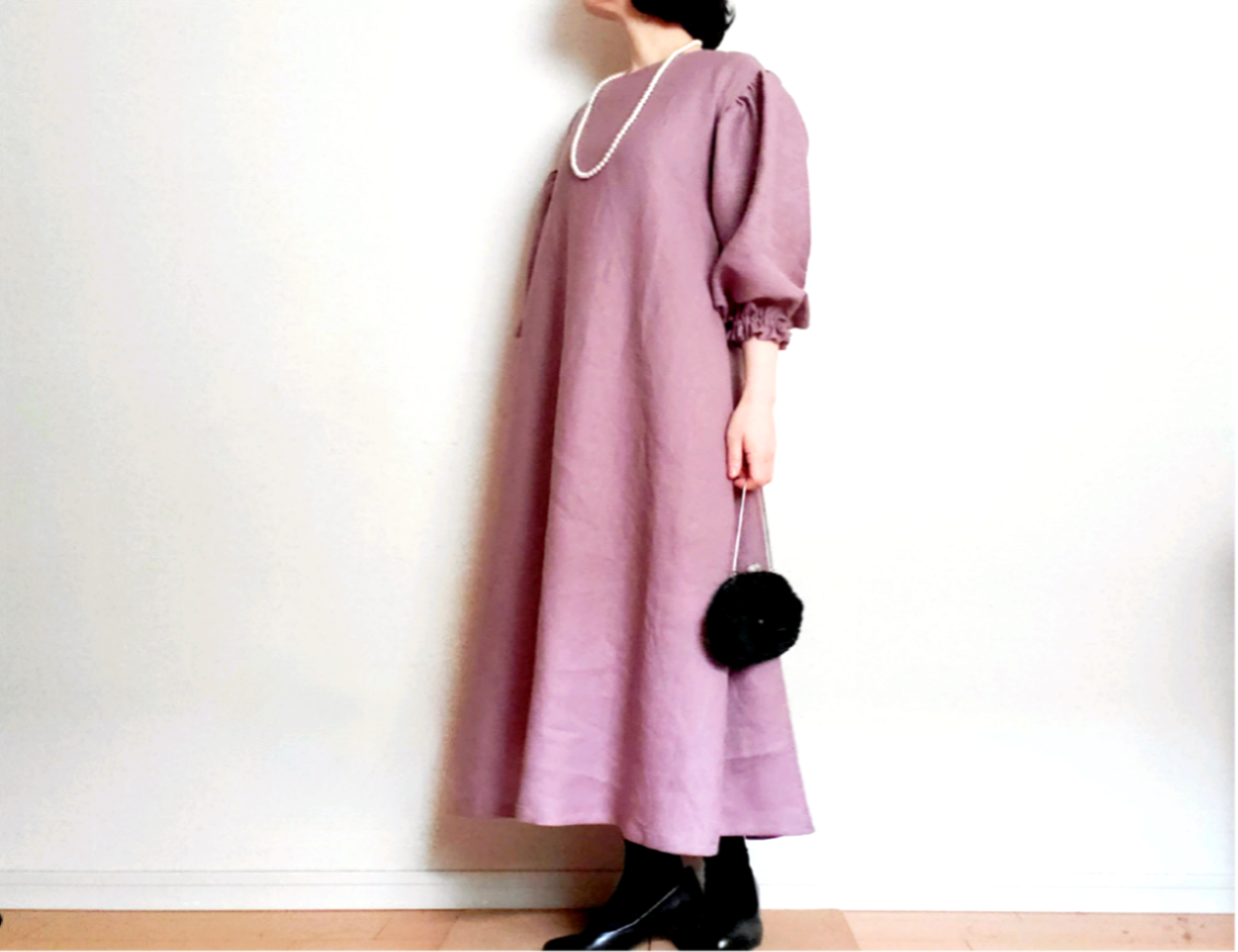 洗える！着回せるナチュラルなフォーマルワンピース♪ LINEN100%  紅藤色　ポケットや丈選べます！