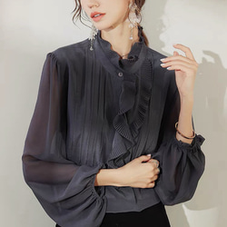 ジョーゼットシルク100%】フリルとシースルー袖のフェミニンブラウス