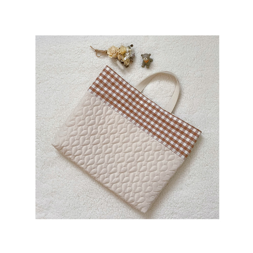 くま チェック レッスンバッグ ハート キルティング ハンドメイド