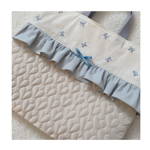 ハート キルティング リボン 刺繍 レッスンバッグ シューズ袋