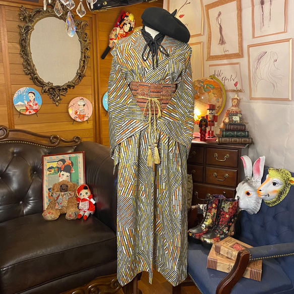 和洋折衷 古着 洗える 化繊 着物 和 ハンドメイド リメイク ワンピース ドレス 名古屋八寸帯　 KW-149 5枚目の画像