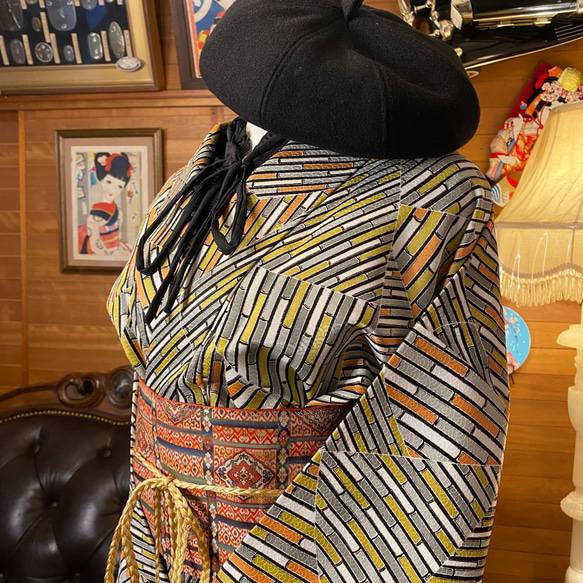 和洋折衷 古着 洗える 化繊 着物 和 ハンドメイド リメイク ワンピース ドレス 名古屋八寸帯　 KW-149 3枚目の画像