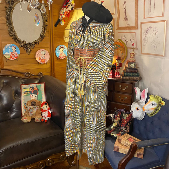 和洋折衷 古着 洗える 化繊 着物 和 ハンドメイド リメイク ワンピース ドレス 名古屋八寸帯　 KW-149 6枚目の画像