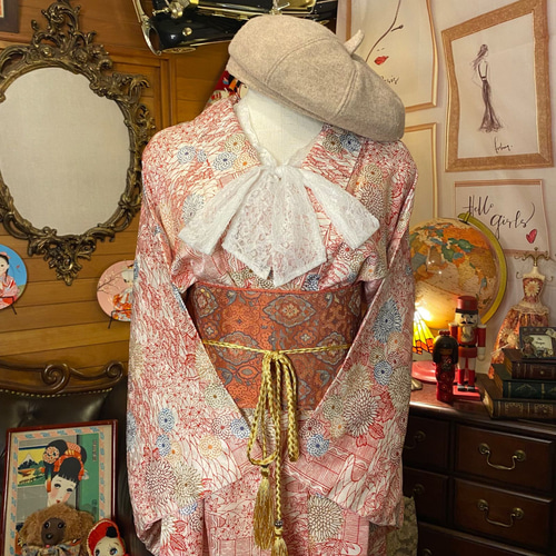 和洋折衷 古着 洗える 化繊 着物 和 ハンドメイド リメイク