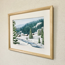 「雪景色」透明水彩画　原画　風景画　額縁付　F4サイズ 4枚目の画像