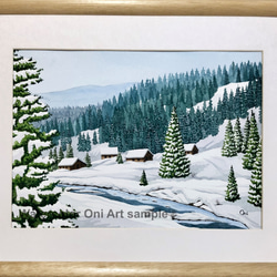 「雪景色」透明水彩画　原画　風景画　額縁付　F4サイズ 1枚目の画像
